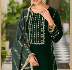 Presenting  Green Color Velvet Embroidery With Sequence Work Suit