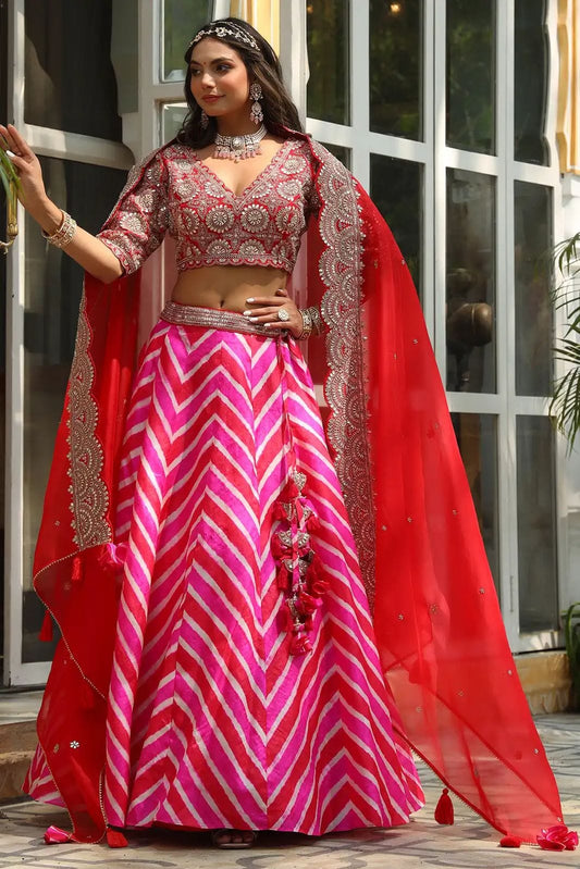 Trendy Red Color Silk Foil Work With Digital  Print  Lehenga Choli