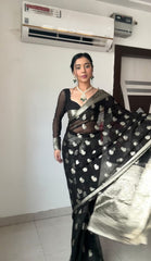 Trendy  Black Color Soft Lichi Ilk Ready To Wear Saree