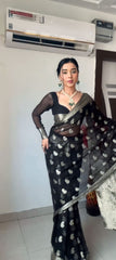 Trendy  Black Color Soft Lichi Ilk Ready To Wear Saree