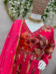 Exotic  Pink Color Muslin Digital Print with Hand Work Gown