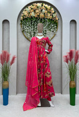 Exotic  Pink Color Muslin Digital Print with Hand Work Gown