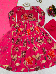 Exotic  Pink Color Muslin Digital Print with Hand Work Gown