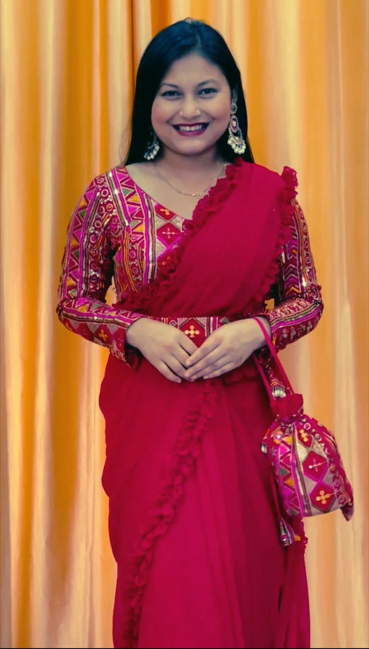 Pink Color Festival Saree With Belt & Purse