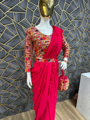 Pink Color Festival Saree With Belt & Purse