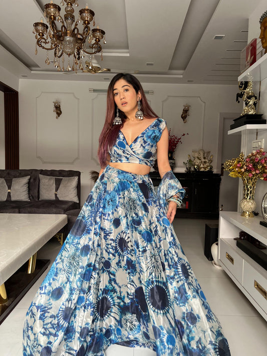 Party Wear Digital Print Organza Silk Blue Lehenga Choli