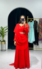 Outstanding  Red Color Georgette Gown With Attached  Dupatta