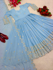 Peaceful Blue Color Georgette Sequence Embroidery Work