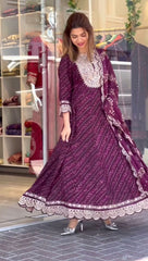 Stylish Wine Color Embroidery Work Printed Gown