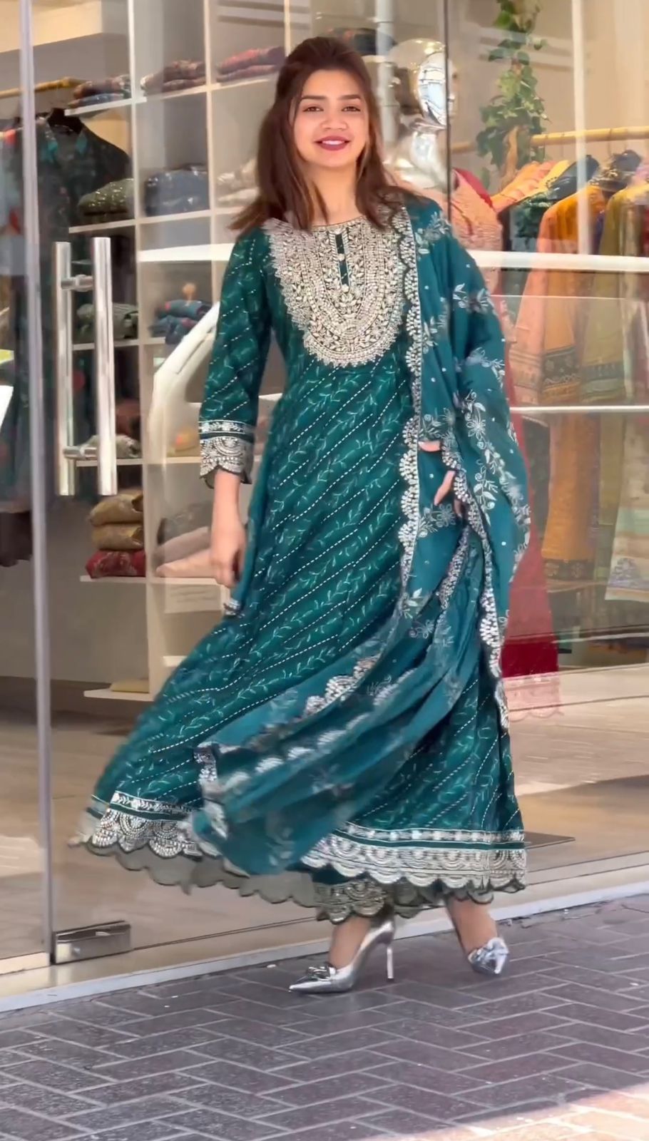 Stylish Teal Blue Color Embroidery Work Printed Gown