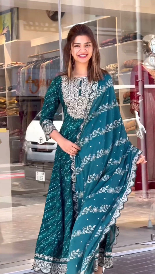 Stylish Teal Blue Color Embroidery Work Printed Gown