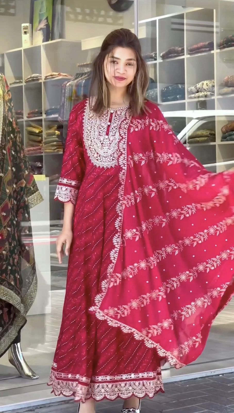 Stylish Red Color Embroidery Work Printed Gown