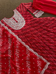 Stylish Red Color Embroidery Work Printed Gown