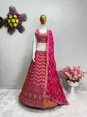 Wedding Pink Embroidered Sequence Work With Dimond Hand  Georgette Lehenga Choli