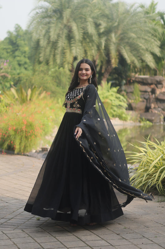 Exclusive Black Color Embroidery Sequence Work Gown