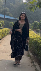 Captivating  Black Color Velvet Embroidery Sequence Work Anarkali Suit
