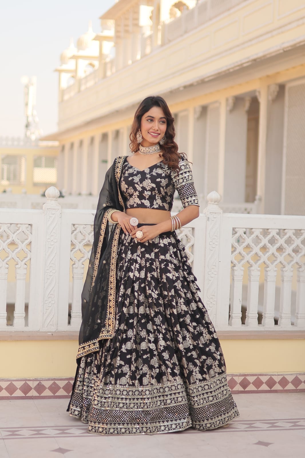 Weeding Wear Black Color Jacquard Embroidered Sequins Work Lehenga Choli