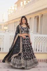 Weeding Wear Black Color Jacquard Embroidered Sequins Work Lehenga Choli