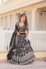 Weeding Wear Black Color Jacquard Embroidered Sequins Work Lehenga Choli