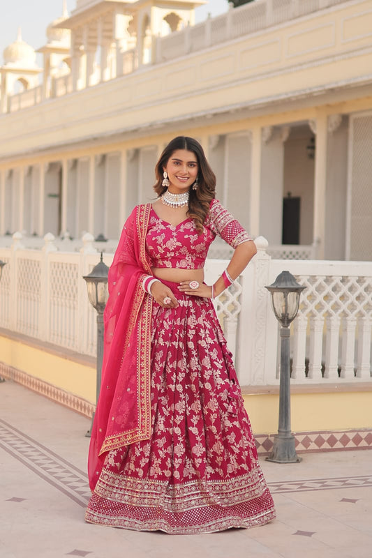 Weeding Wear Pink Color Jacquard Embroidered Sequins Work Lehenga Choli