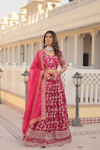 Weeding Wear Pink Color Jacquard Embroidered Sequins Work Lehenga Choli