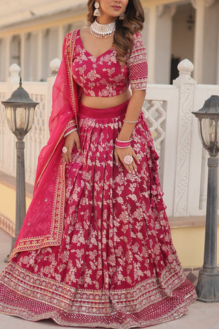 Weeding Wear Pink Color Jacquard Embroidered Sequins Work Lehenga Choli