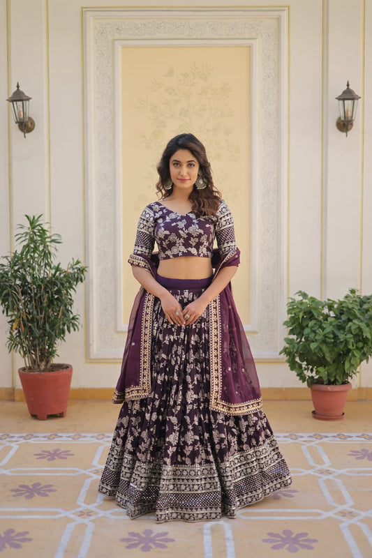 Weeding Wear Wine Color Jacquard Embroidered Sequins Work Lehenga Choli