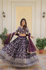 Weeding Wear Wine Color Jacquard Embroidered Sequins Work Lehenga Choli