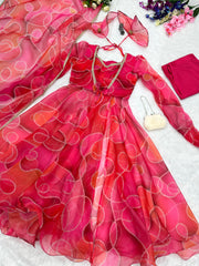 Luxuriant Pink Color Organza Silk Digital Printed Gown