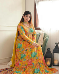 Exotic  Yellow Color Georgette Embroidered Sequence Work Long Gown