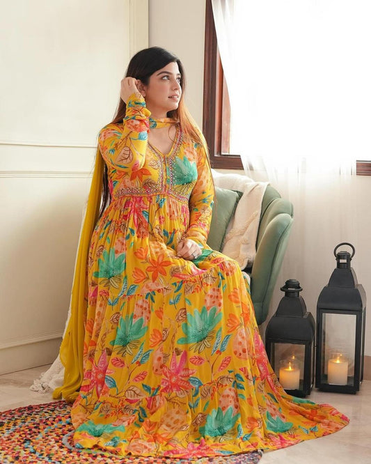 Exotic  Yellow Color Georgette Embroidered Sequence Work Long Gown