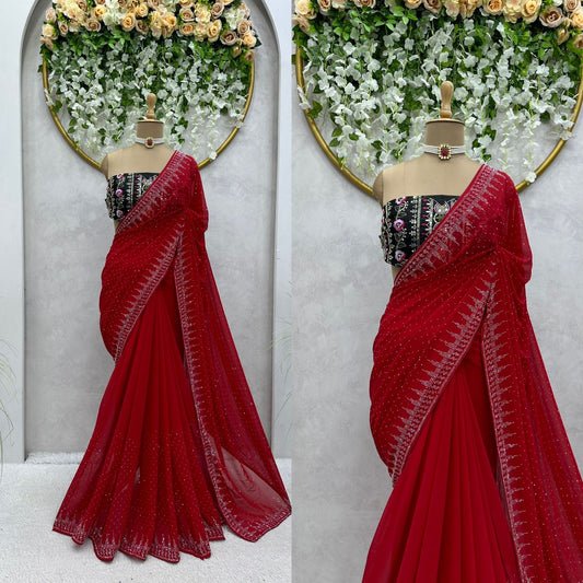 Stunning Red Color Georgette Benglori Satin Saree