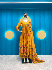 Captivating  Yellow Color Embroidery Work Long Gown