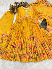 Captivating  Yellow Color Embroidery Work Long Gown