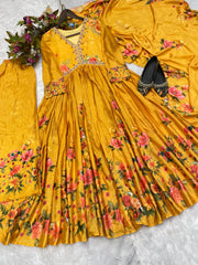 Captivating  Yellow Color Embroidery Work Long Gown