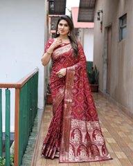 Preferable Red Color Dola Silk Block Print Design Saree