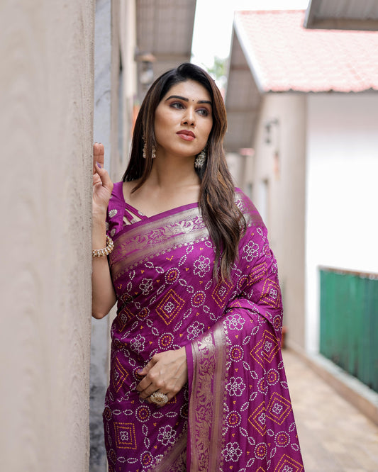 Preferable Purple Color Dola Silk Block Print Design Saree