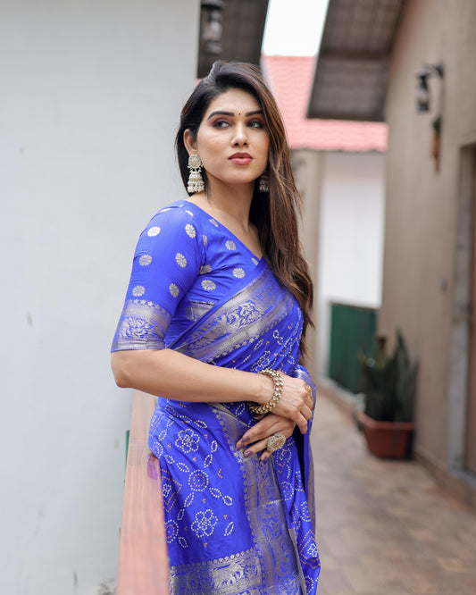 Preferable Blue Color Dola Silk Block Print Design Saree