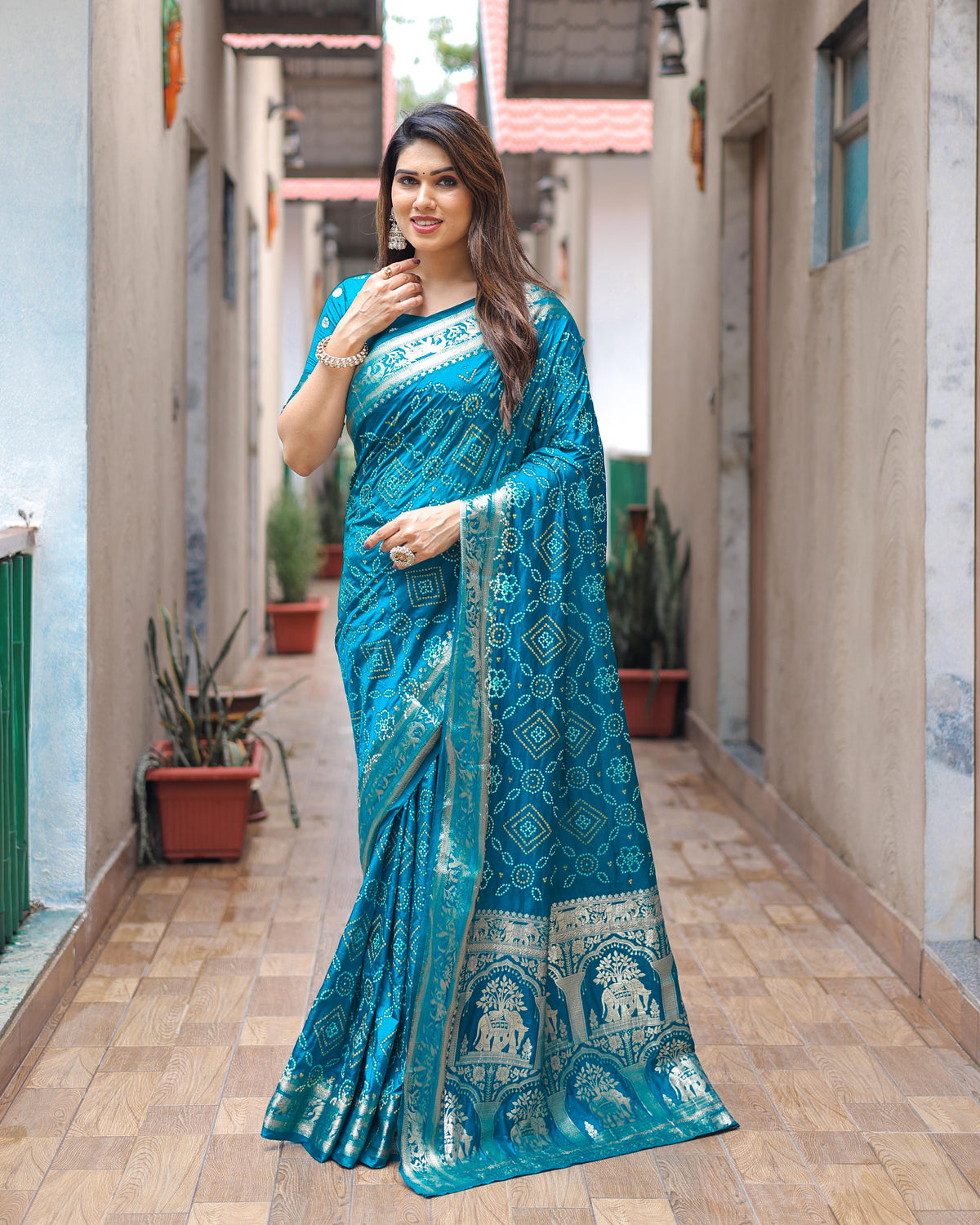 Preferable Sky Blue Color Dola Silk Block Print Design Saree