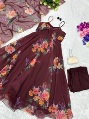 Party Wear Brown Color Digital Printed Gown