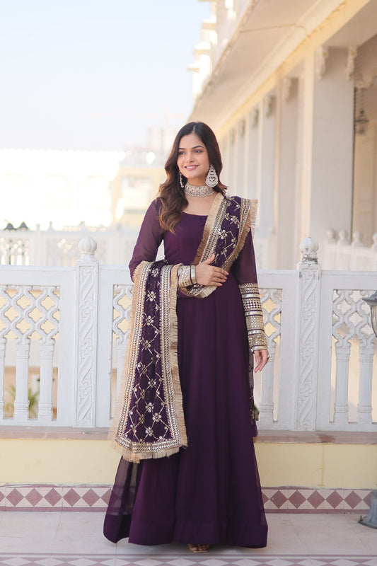 Outstanding  Purple Color Sequins Embroidered Long Anarkali Gown