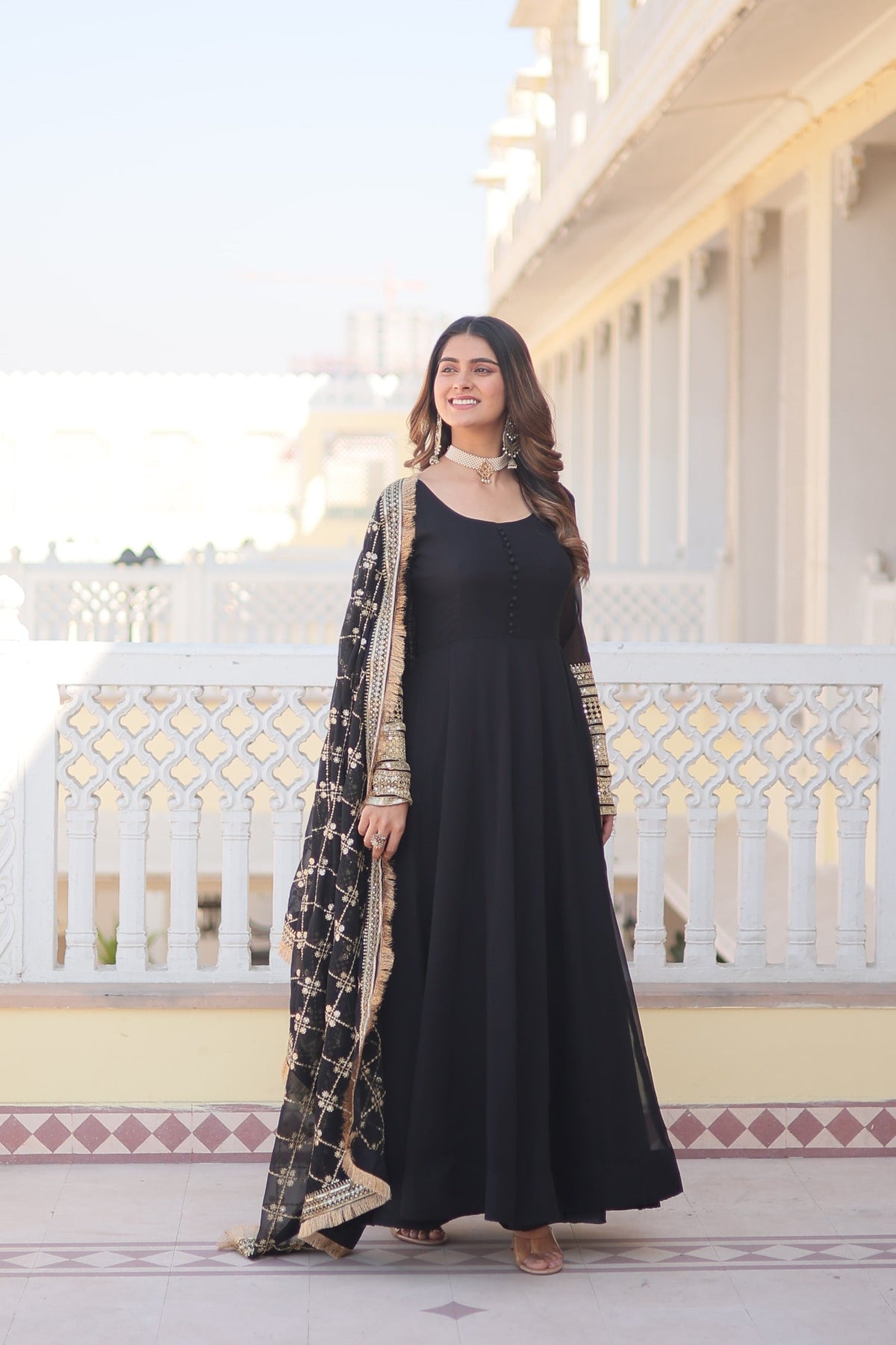 Outstanding Black Color Sequins Embroidered Long Anarkali Gown