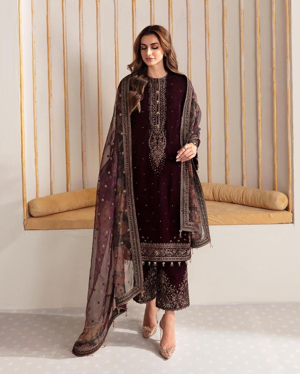 Preferable Velvet Maroon Color Sequence Work Suit