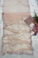 Festive Peach Pink Embroidery Sequins Work Saree