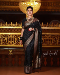 Glimmering Black Color Lichi Silk Saree