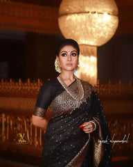 Glimmering Black Color Lichi Silk Saree