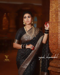 Glimmering Black Color Lichi Silk Saree