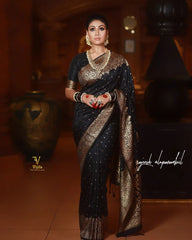 Glimmering Black Color Lichi Silk Saree