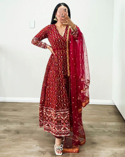 Outstanding Red Color Sequence With Dori Latkan Anarkali Gown