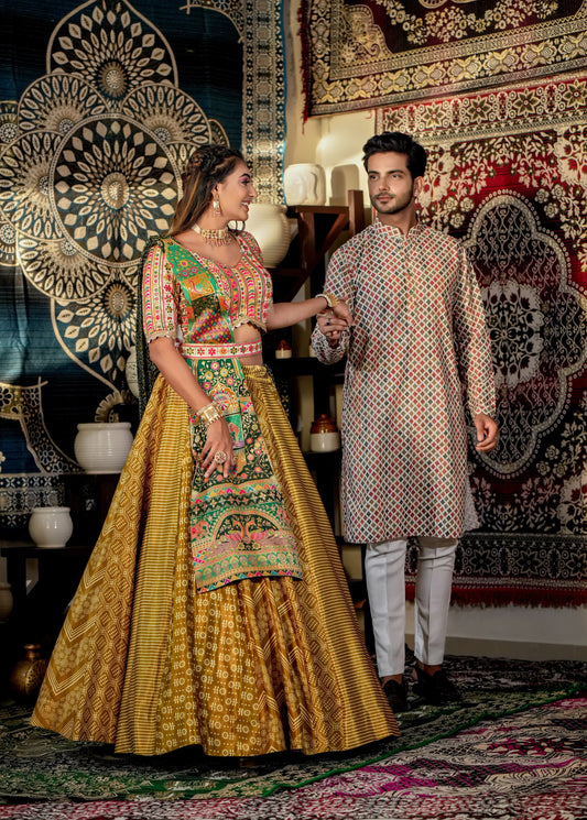 Ceremony Wear Printed Mustard Multi Design Couple Dress